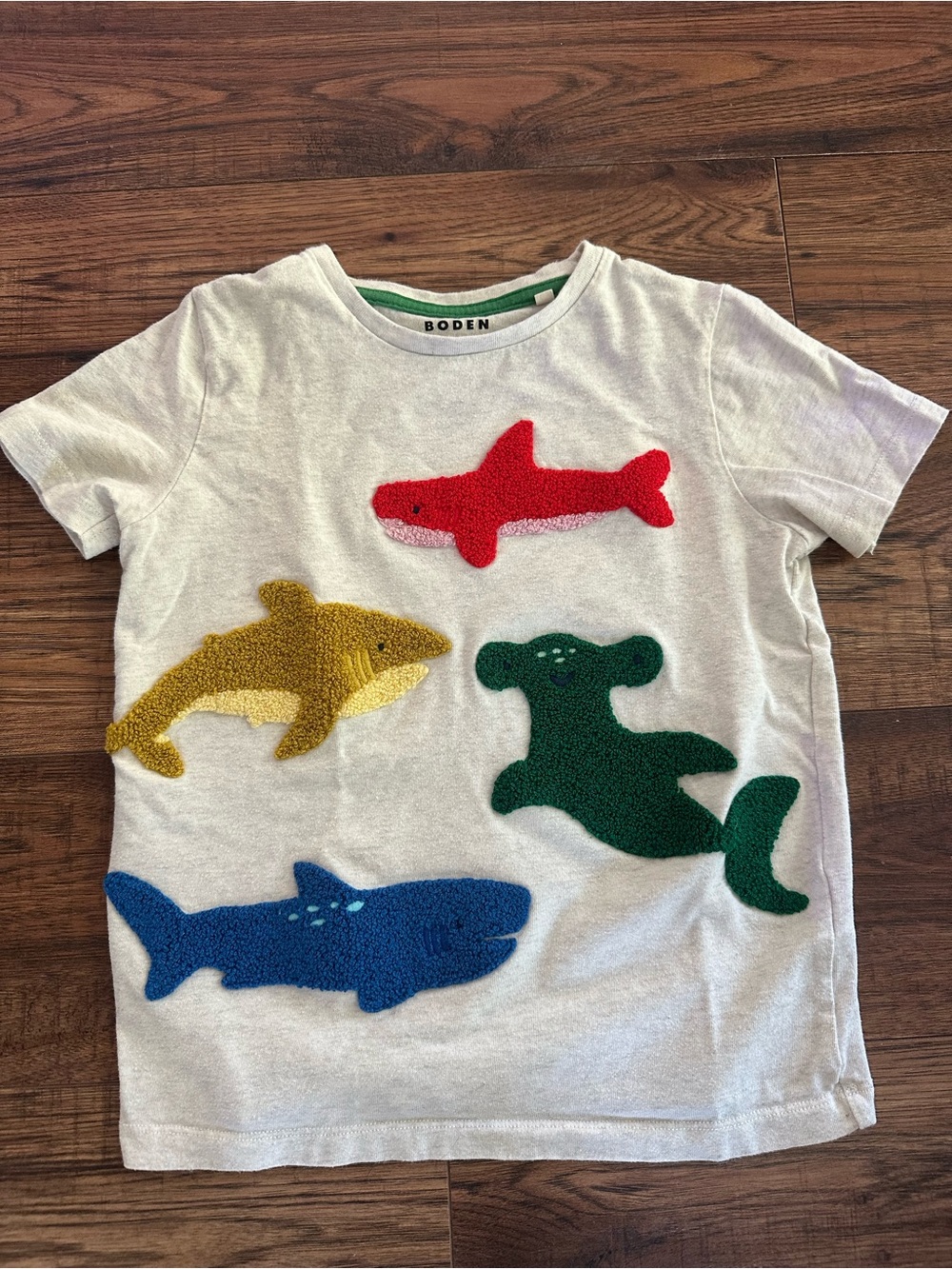 Boden White Tee with Red, Gold, Green & Blue Shark Appliqués